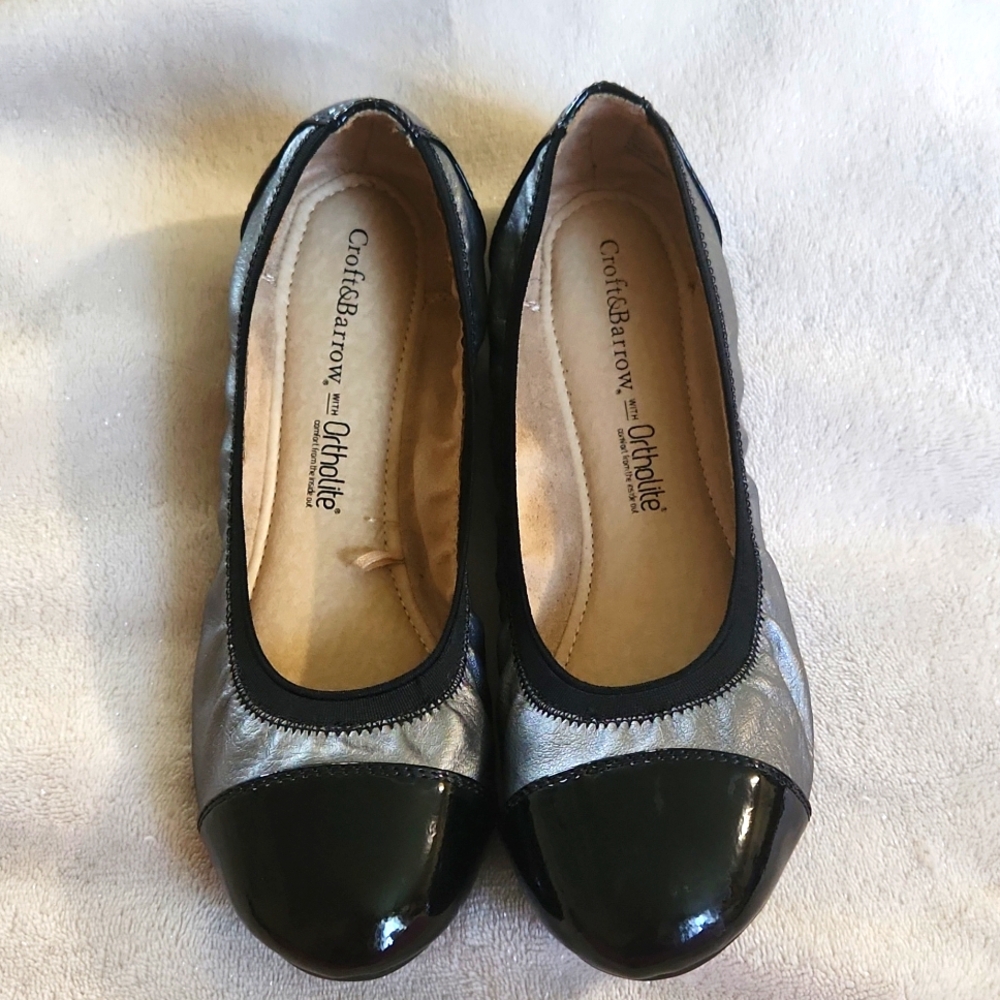 Croft & Barrow Shoes Womens 7M Sophie Ballet Flats Black /Silver Faux Leather